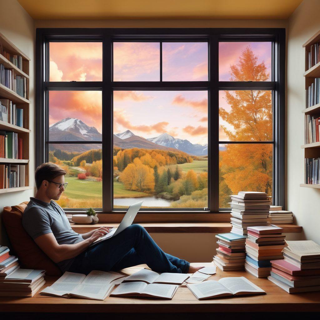 A vibrant collage depicting a thoughtful individual in a cozy modern workspace, surrounded by books, a laptop, and scattered notes. The background shows a window with a view of a tranquil landscape, symbolizing reflection and insight. Elements of social media icons subtly integrated to represent influential commentary. Warm, inviting colors to enhance creativity and thoughtfulness. super-realistic. bright colors. cozy atmosphere.