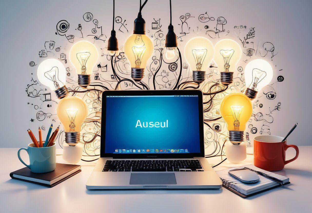 A whimsical digital diary filled with vibrant, swirling colors depicting various blogging elements like a laptop, notepad, and coffee cup, surrounded by glowing light bulbs symbolizing ideas. Include subtle nuances like speech bubbles with diverse opinions and branching pathways to showcase complexity. The overall feel should be dynamic and inviting, encouraging creativity and exploration. super-realistic. vibrant colors. white background.