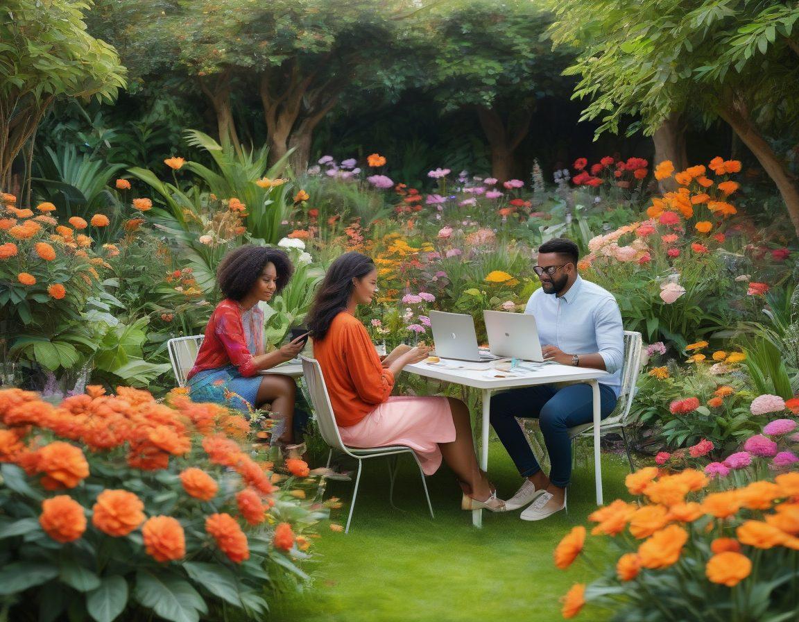 A vibrant and colorful illustration of diverse bloggers engaging with each other in a lush garden, representing the blogosphere. Elements of technology like laptops and phones interspersed among blooming flowers symbolize the connection and nuance in blogging. In the background, gentle winds carry colorful leaves, indicating dynamism and evolution in blogging discussions. super-realistic. vibrant colors. 3D.